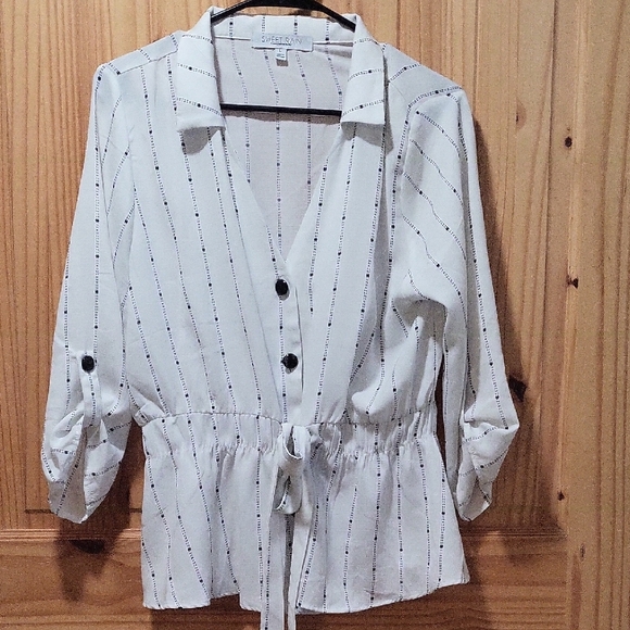 White Rain White Striped Tie-Waist Blouse - Picture 1 of 2
